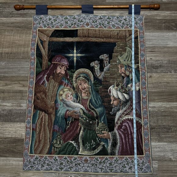 Vintage Nativity Scene Tapestry Wall Hanging With Rod Jesus Mary Wise Men 34x25" - Picture 4 of 8
